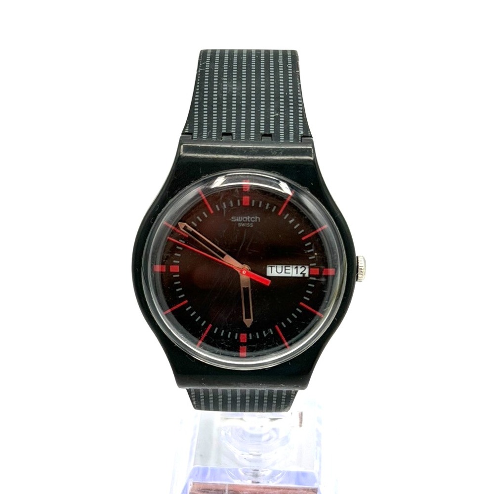 Vintage Swatch Gent Swiss Black Red Day Date Quartz Watch New Battery Running